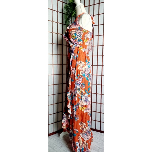 Band of Gypsies Ruffle V-Neck Faux Wrap Maxi Dress - Burnt Orange/Blue-Multi - Picture 2 of 16